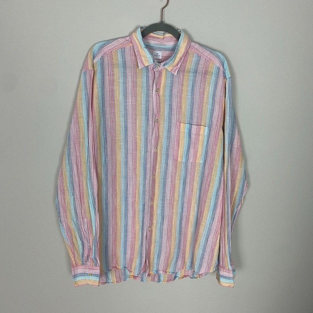 Bonser Striped Linen Cotton Button Up Shirt Mens XL Casual Long Sleeves Natural‎